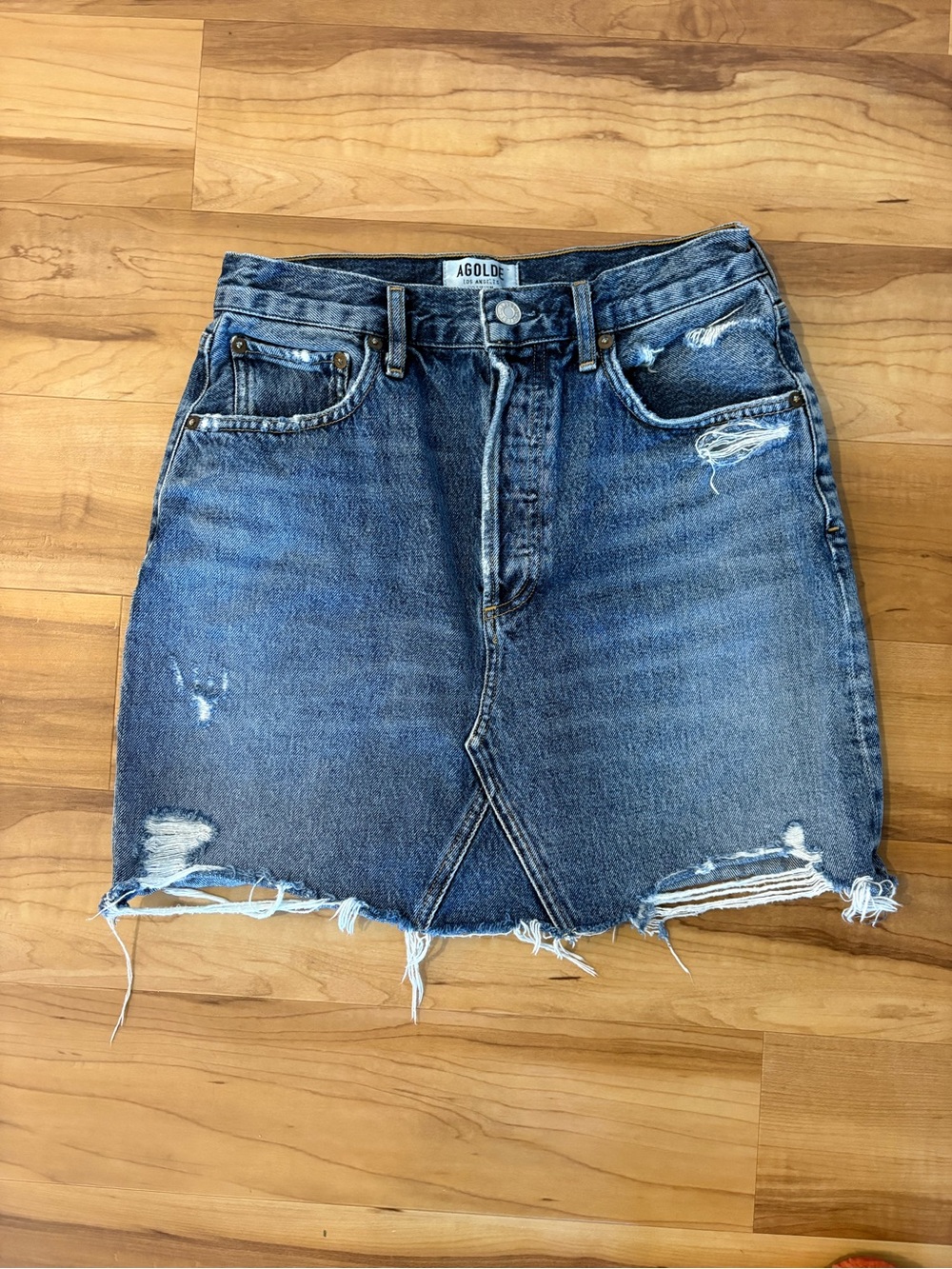 AGOLDE Distressed Blue Denim Skirt